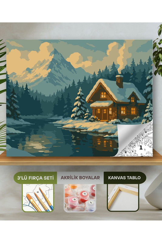 Sayılarla Boyama Seti 40x50 Cm (Çıtalı) Fırça Boya Dahil Numaralı Tuval-Huzurlu Kış Evi 40X50 sayılarla boyama seti ürün görseli