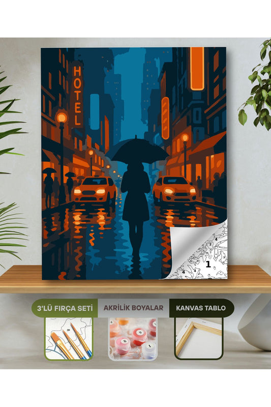 Sayılarla Boyama Seti 40x50 Cm (Çıtalı) Fırça Boya Dahil Numaralı Tuval-Yağmurda Yürüyen Kadın 40X50 sayılarla boyama seti ürün görseli